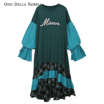  OddDellaRobbia Sonbahar Yeni O-Boyun Kazak Ekose elbise Kişilik Büyük Boy Kontrast Renk Uzun Kollu Düzensiz Etek 2990