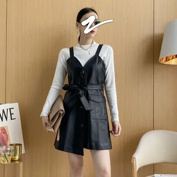  Ofis Sonbahar Bayan Koyun Derisi Sling evaze elbise Tek Göğüslü Sashes Slim Fit Kadınlar Gerçek Deri Asimetrik Orta Uzunlukta Elbise