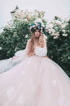  Pembe V Boyun Nakış Çiçekler Gelinlik 2021 Puf Sheer Uzun Kollu Balo Düğün Gelinlikler vestido de noiva