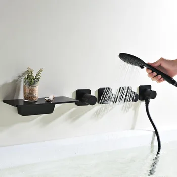 Pirinç banyo küvet bataryası Seti Siyah / Krom Şelale Musluk musluk bataryası Duvara Monte Mikser duş seti Musluklar Duş Vinç
