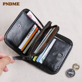  PNDME el yapımı hakiki deri büyük kapasiteli erkek küçük cüzdan tasarımcı gerçek ınek derisi kadın üç kat kart tutucu bozuk para cüzdanı