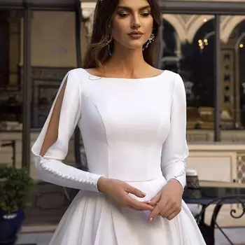  Prenses Gelinlik 2021 Kepçe Uzun Kollu Düğmeler Beyaz Fildişi Uzun Tren Gelinlik Gelin Elbisesi