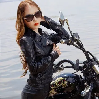  PU Siyah Deri Kırpma Üst Motosiklet Ceketler Ince Kadın Fermuar Perçin Palto Bahar Güz Yumuşak Fabrika Satış Giyim