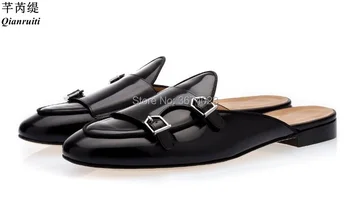  Qianruiti Yarım Ayakkabı Erkekler Patent Deri Katır Çift Keşiş Terlik Slip-On Flats Erkek rahat ayakkabılar Eğlence Loafer'lar