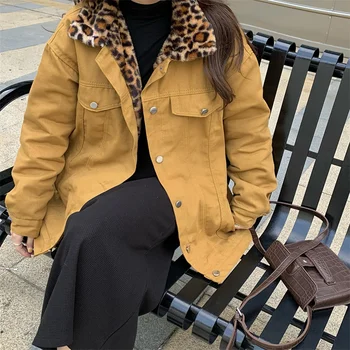  Retro Kalın POLO Yaka Leopar Denim Ceket Kadın Kış Giysileri Kore Tek Göğüslü Sıcak Yapay Tavşan Kürk Kadın Ceket