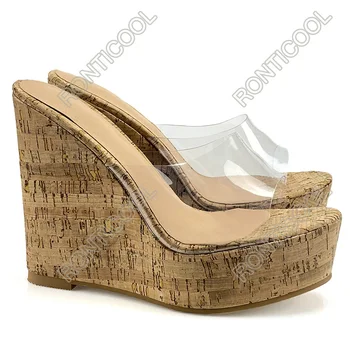  Ronticool Yeni Varış İşi Kadın Katır Sandalet Mantar Takozlar Topuk Burnu açık Şeffaf parti ayakkabıları Kadın ABD Artı Boyutu 5-20