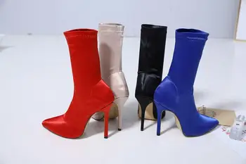  Seksi Varış Bottes Femme Kadın Çorap Çizmeler Kısa Streç yarım çizmeler Ince Yüksek Topuklu Sivri Burun Sonbahar Ayakkabı Kadın Botines
