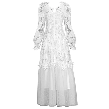  SEQINYY Parti Beyaz Elbise Yaz Bahar Yeni Moda Tasarım Kadın Pist Hollow Out Çiçekler Örgü Nokta Örgü Zarif A-Line