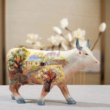 Seramik Yaratıcı El Boyalı İnek Boğa Ev Dekor El Sanatları Odası Dekorasyon El Sanatları Sığır Porselen Hayvan Figürleri