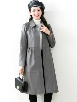  SHZQ İlkbahar ve Sonbahar Yeni Deri kadın Giyim Orta ve Uzun Rüzgarlık Ceket Slim Fit Kore Koyun Deri Ceket Kürk Ceket