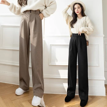  Siyah Haki kış pantolonları Yüksek Bel Gevşek Düz uzun Pantolon Bahar Sonbahar Yün Geniş Bacak Pantolon Kore Kadın Pantolon 18314