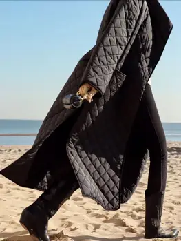  Siyah Kapitone Pamuk-yastıklı Ceket kadın Gevşek Yaka Pamuk-yastıklı Ceket Orta Uzun Pamuk - yastıklı Ceket 2021 Sonbahar / kış