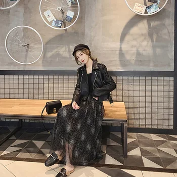  Siyah Kısa Faux PU Deri Ceket Kadın Kore İnce Uzun Kollu Jaqueta De Couro Feminina Casual Bombacı ceket Kadın Giyim