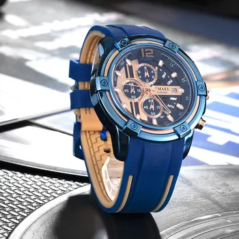  SMAEL Mavi Lüks Kuvars Saatler Erkekler Için 2021 Modern Kronograf Saat Moda Spor erkek saati Silikon Kayış Ile SL-9081