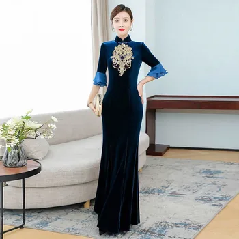  Sonbahar Kış Yeni Kadın Cheongsam Uzun Eski Shanghai Elbise Mizaç Eski Çin Tarzı Nakış Kadife Mermaid Elbise