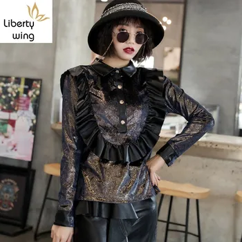  Sonbahar Yeni Kadın Ruffles Hakiki Deri Ceket Kazak Slim Fit Parlak Dış Giyim Coat Tops Uzun Kollu Patchwork Parti Ceketler