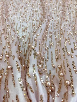  Sparkly Glitter satışa Boncuk Sequins ile Fransız Net Dantel Kumaş Altın Yapıştırılmış Glitter Afrika Tül Dantel Kumaş