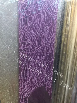 Stok 5 yards HL412# yapıştırılmış shining purplewo renk tpattern baskı glitter tül mesh kumaş için akşam elbise / parti/düğün