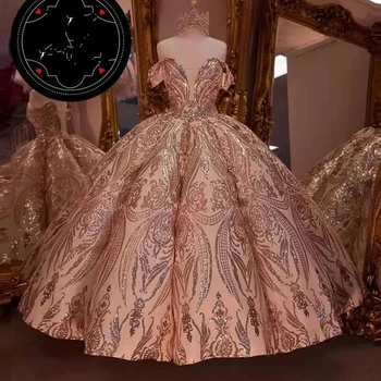  Suudi Arabistan Lüks Gül Altın Sequins Aplike Abiye Sevgiliye Kapalı Omuz Lace Up Balo Balo elbisesi elbiseler de soirée