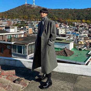  SYUHGFA Erkekler Kore Eğilim Tek Göğüslü Yün Ceket Uzun Kollu Yaka Kış Thickned Palto Yeni Etiket Manşet Tasarım Bez