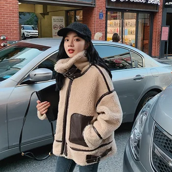  Sıcak Kış Ceket Kadın Kürk 2020 Kalın Kısa Teddy Palto Deri Toka Cep Kore Tarzı Gevşek Yün Ekleme Giyim