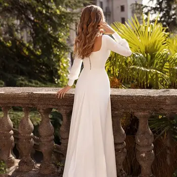  Sıcak Satış Basit Gelinlik Vestido De Noiva Mütevazı Kare Boyun Uzun Kollu Gelin Elbiseler Bir Çizgi Artı Boyutu Evlilik Gelinlikler