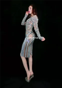  T12 Kadın sparkly rhinestones elbise çantası kalça etek uzun kollu sıska elbise kristaller tek parça dans kostümleri dj parti giyim gösterisi