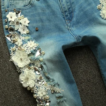  Tasarımcı Lüks Dantel Çiçekler Diamonds İnciler Nakış Denim Pantolon Kadın Delik Ripped Skinny Jeans Kadın Elastik Kalem Pantolon