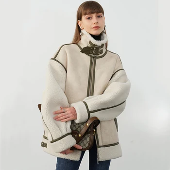  Trendy Kış Kuzular Yün Ekleme Pu Deri Ceket Kadın Kürk Sıcak Kalın Parkes Standı Yaka Faux Kuzu boy Coat Dış Giyim