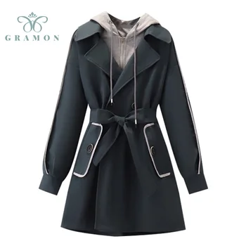  Trençkot Kış Artı Boyutu Elbise Kadın Uzun Kollu Kapüşonlu Ceketler 2021 Yeni Moda Kruvaze Kuşaklı Lady Rüzgarlık