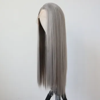  Uzun gri sentetik peruk kadınlar için ısıya dayanıklı iplik saç gri peruk sentetik dantel ön peruk