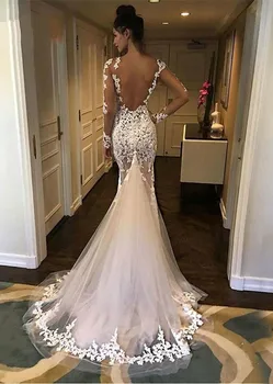  Uzun Kollu Dantel Mermaid düğün elbisesi 2019 Scoop Gelinlik Vestido De Noiva Mahkemesi Tren Beyaz Uzun Gelin Elbiseleri