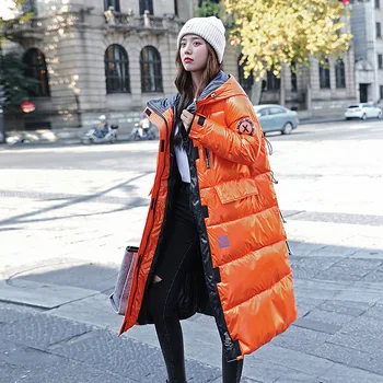  Uzun Parkas Kadın Mektup Baskı Kalınlaşmak Sıcak Parlak Pamuk Kapitone ceket Kadın 2021 Kış Kore Gevşek Kalın Palto Kadın CX2322