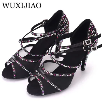  WUXIJIAO Siyah Dans Ayakkabıları Kadın Tam Rhinestone Kadın Salsa Dans Ayakkabıları Latin Salsa Ayakkabı Yetişkin Ayakkabı İle Örgü Curban Topuk