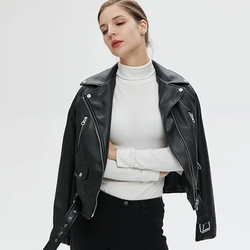  Yeni 2021 Streetwear Faux Deri Ceket Kadınlar ıçin Ince Perçin Siyah Biker Moto Deri Ceket Bayanlar ıle Kemer PU Dış Giyim