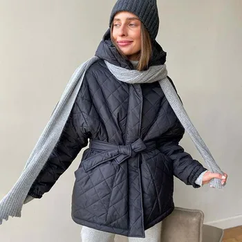  Yeni Kadın Ceketler 2021 Kış Kapüşonlu Kemer Tutmak Sıcak Palto Giyim Kapitone Vintage Rahat Artı Boyutu Giyim