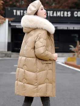  Yeni Kadın Kalın Aşağı Pamuk Ceket Kış 2022 Rahat Moda Kapüşonlu Kürk Yaka Nakış Orta Uzun Gevşek Pamuk-kapitone Ceket