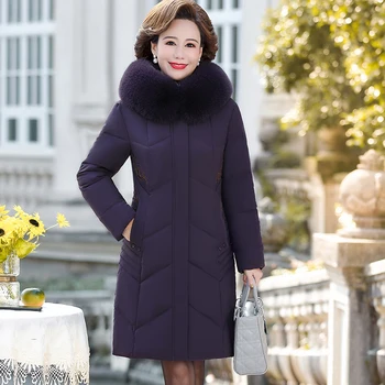  Yeni Kadın Zarif Kürk Yaka Uzun Parkas Kış Sıcak Ceket Bayanlar Kalınlaşmak Pamuk Ceket Kadın Şık Giyim Marka Giyim