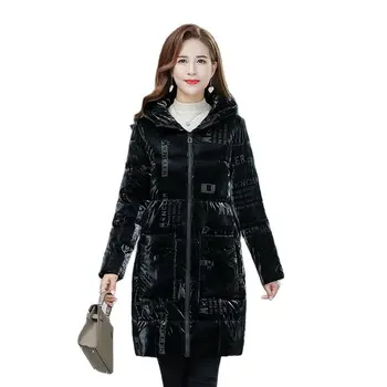  Yeni Kapüşonlu Bayan Ceket Uzun Parkas Boy 5XL Kış Ceket Kadınlar Parlak Kış Kalın Aşağı Ceket Kadın Ceket