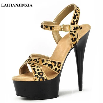  Yeni Leopar baskı vamp, 15 cm yüksek topuk sandalet, stiletto sahne gösterisi dans ayakkabıları