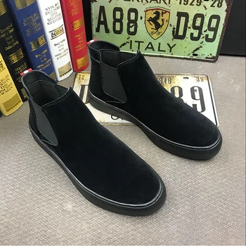  Yeni moda erkekler nefes chelsea çizmeler yumuşak deri ayakkabı siyah düz ayakkabı platformu bileğe kadar bot zapatos hombre botas masculina