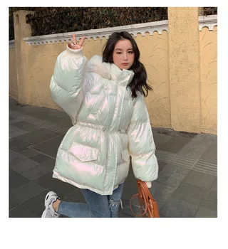  Yeni stil beyaz parlak pamuk-yastıklı ceket kadın kış büyük kürk yaka Kore tarzı gevşek kısa kısa ekmek sıcak ceket