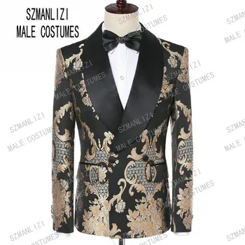  Yeni Tasarım 2019 Custom Made Slim Fit Erkek Moda Altın Nakış Elbise Takım Elbise Kruvaze Düğün Damat Smokin Kostüm
