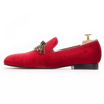  Yeni yüksek dereceli kırmızı kadife el yapımı erkek ayakkabısı siyah yapay elmas Zincirleri klasik erkekler ziyafet loafer'lar erkek elbise ayakkabı