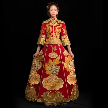 Yeni Çin tarzı resmi elbise Rhinestone düğün cheongsam kostüm kırmızı gelin vintage Çince geleneksel Tang takım elbise Qipao