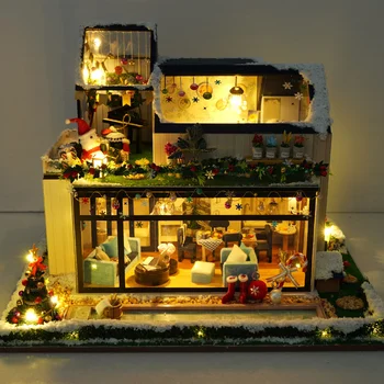  Yeni Çocuk Noel DIY Ahşap Dollhouse İskandinav Yapı Minyatür Mobilya Ile LED Kiti Bebek Evleri Oyuncaklar Monte Hediye Casa