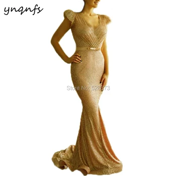  YNQNFS Bling Sequins Altın Elbisesi Zarif Cap Kollu Mermaid Vestido Örgün Elbise anne MD361