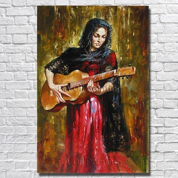  Yüksek Kaliteli El Boyalı Tuval Sanat Kadın Gitar Çalmak Yağlıboya Modern Dekorasyon Duvar Sanatı Oturma Odası Dekor yok Çerçeveli