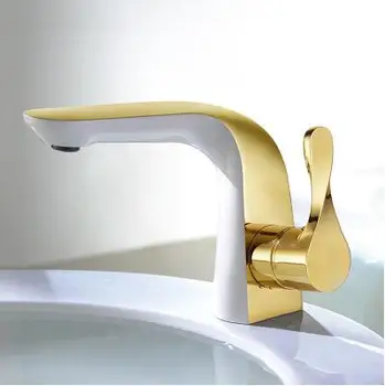  Yüksek kaliteli Havza musluk pirinç benzersiz tasarım banyo musluk lüks tek kolu altın ve beyaz lavabo musluk havzası musluk