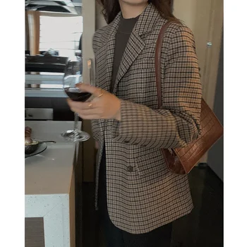  Yüksek kaliteli zarif Fransız retro ekose takım elbise uzun kollu bluz kadın rahat sonbahar yeni moda ofis ceket